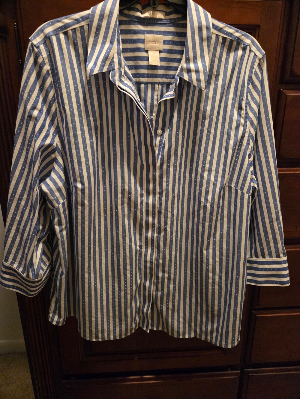 Chico's Blue and White Striped 3/4 Sleeve Hidden Button-Front Size 3 Top